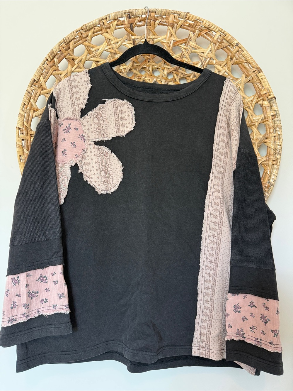 Umgee Mineral Washed Black Sweatshirt with Pink Floral Patchwork - Picture 5 of 16